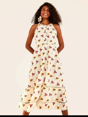 FARM Rio NWT Linen Blend Mixed Cross Stitched Flowers Midi Dress Off White $285